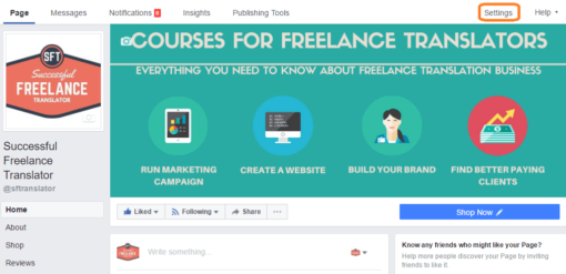 where to find facebook page settings